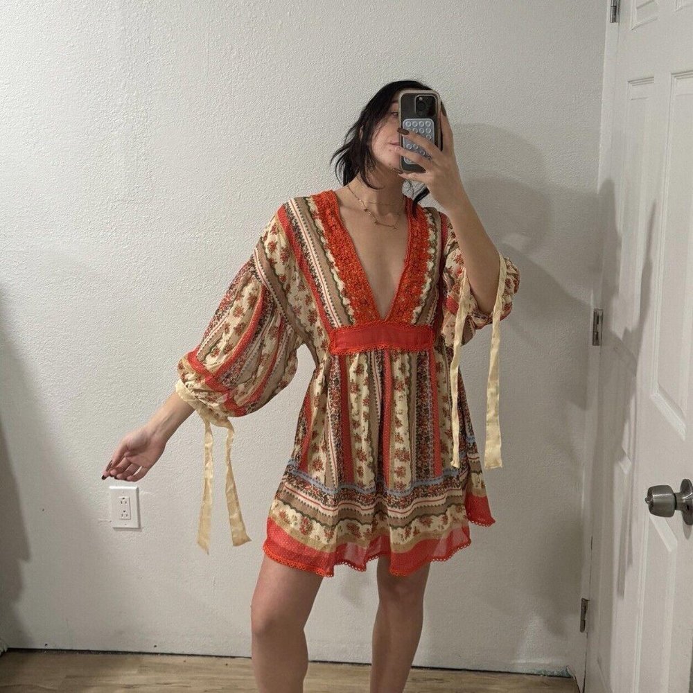 Agua Bendita Long‎ Sleeve Mini dress Women’s Size Large Boho Flare - Picture 12 of 13
